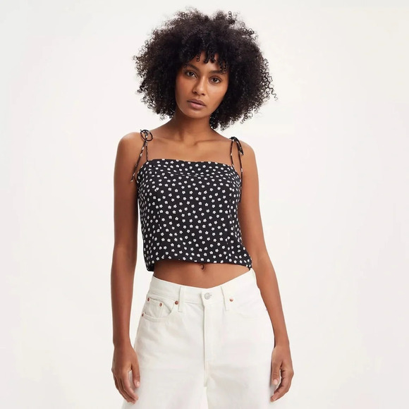 Levi’s NWT Deliah Simple Daisy Caviar Black/White Floral Smocked Cami Tie Strap - Picture 3 of 16